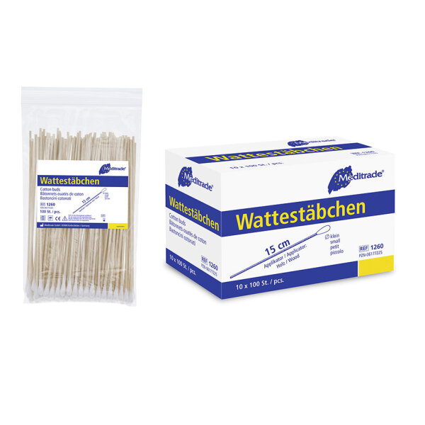 Wattestäbchen Holz, 15 cm lang, kleiner Wattekopf, ca. 12 x 5 mm (10 x 100 Stck.)