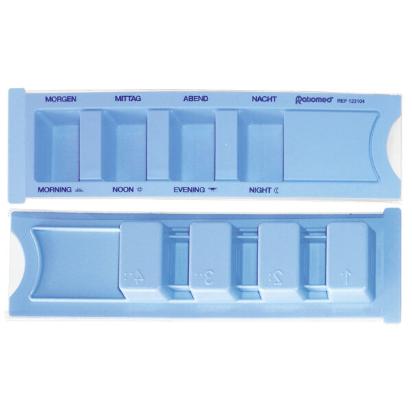 Medikamentendispenser ratiomed, blau, mit Beschriftung: deutsch/englisch, Blindenschrift, Symbole (Sonne und Mond)