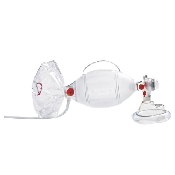 AMBU SPUR II Einmal-Beatmungsbeutel für Erwachsene mit Einmal-Gesichtsmaske PLUS für Erwachsene mittel, O2-Schlauchzuleitung, O2-Reservoirbeutel, Druckbegrenzungsventil, Manometeranschluss, M-Port, integriertem PEEP-Ventil Adapter und Demandventilanschlus