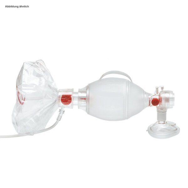 AMBU SPUR II Einmal-Beatmungsbeutel für Kinder 10-30 kg mit Einmal-Gesichtsmaske PLUS für Kleinkinder, O2-Schlauchzuleitung, O2-Reservoirbeutel, Druckbegrenzungsventil, Manometeranschluss, M-Port, integriertem PEEP-Ventil Adapter und Demandventilanschluss