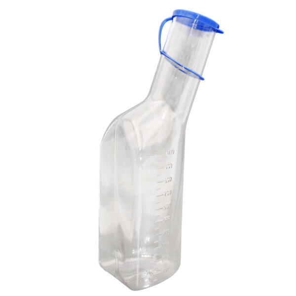 Urinflasche für Männer, eckig, langer Hals (Polycarbonat) glasklar mit blauem Deckel