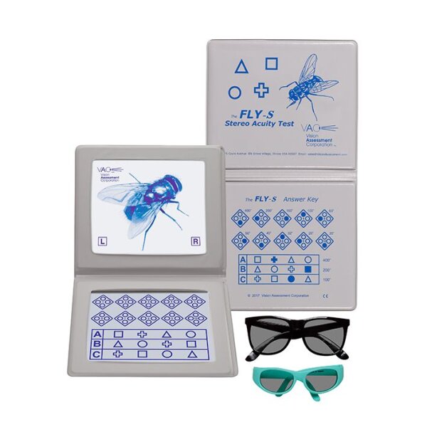 Stereotest Fliege-S (The Fly-S) mit geometrischen Formen, Buchformat inkl. 2 Polarisationsbrillen (Erwachsene, Kinder)