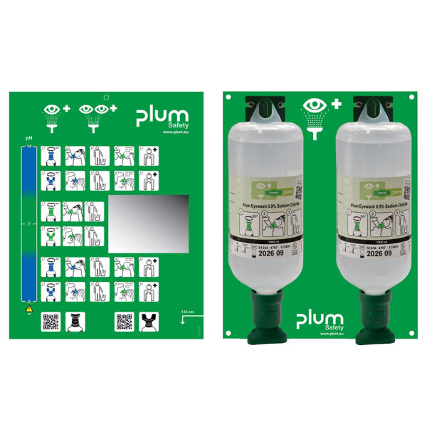 Plum Open Station Double, 2 Flaschen inkl. Wandhalter, Piktogramm, Spiegel und Augen-Notfallplan