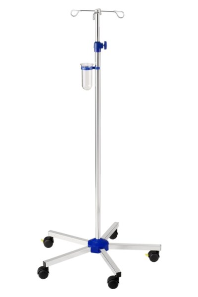 Infusionsständer verchromt ohne Beschwerung, Doppellaufrollen Ø 50 mm