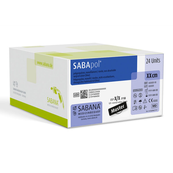 SABApol blau 5-0=1 monofil Nahtmaterial Fadenlänge 45 cm (24 Stck.) 3/8 kreisförmig, Dreieckkörper, außenschneidend, 13 mm, Präzisionsspitze