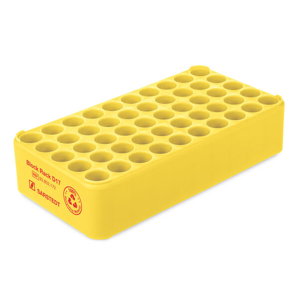 S-Monovette-Rack D 17, gelb, 50 Bohrungen Ø 17 mm, ohne Griffe