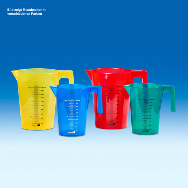 Messbecher stapelbar, rot, PP, 1000 ml schwarze Skala, beidseitig bedruckt