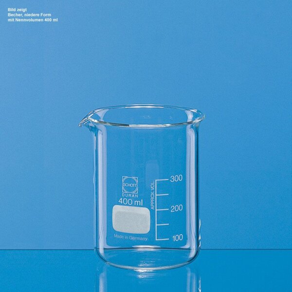 Becher, niedere Form, Boro 3.3, 250 ml, mit Teilung und Ausguss VE = 10 Stck.