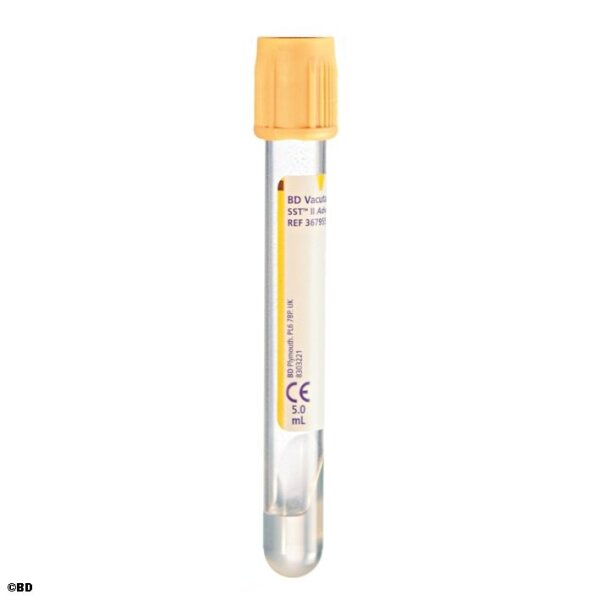 BD Vacutainer SST II Advance Serum- röhrchen aus PET, 5 ml, Trenngel und Gerinnungsaktivator, mit Hemogard-Verschluss  VE = 100 Stck.