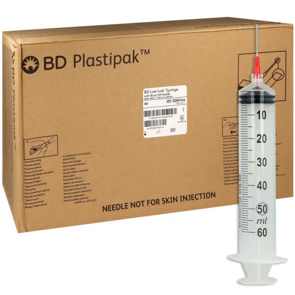 Spritzen BD Plastipak mit stumpfer Aufziehkanüle | 18G x 25 mm| 50 ml | Luer-Lock | 60 Stück