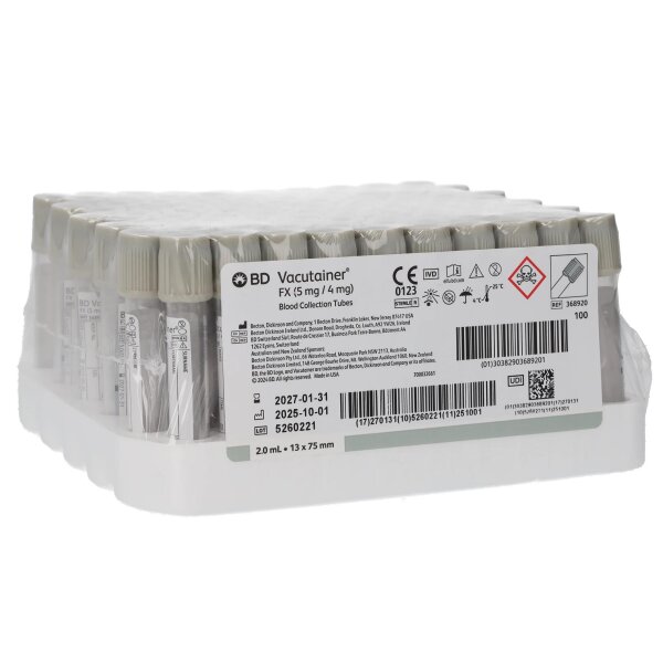 Vacutainer BD | Glukose + Laktatbestimmung | Na-Fluorid und K-Oxalat NAF | grau |  2 ml | 100 Stück