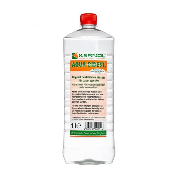 Aqua bidest | 1000 ml Flasche | VDE 0510 | DIN 43530 | DIN EN 285 + 13060