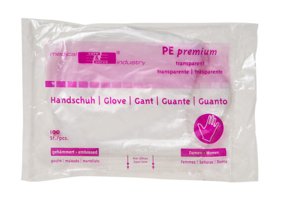 Folienhandschuhe wiroFIT care & serve® – PREMIUM | gehämmert | Damen | 100 Stück im Polybeutel