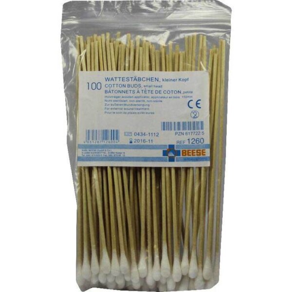 Watteträger / Stäbchen 15 cm | unsteril | kleiner Kopf | einseitig | Holzstab | 100 Stück