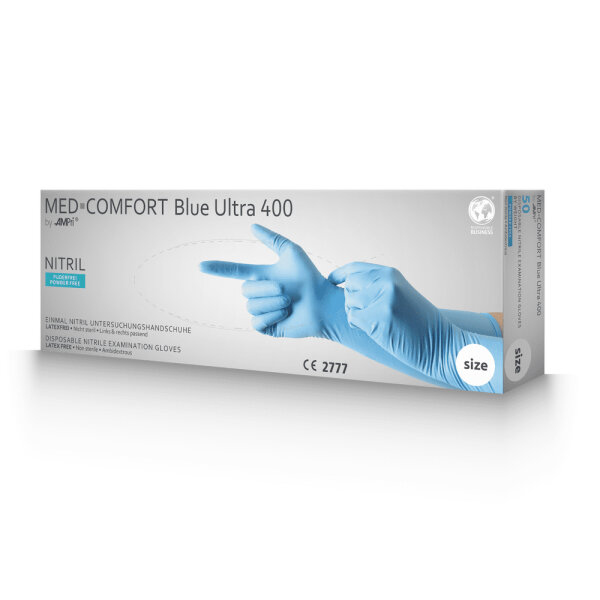 Nitrilhandschuhe Med-Comfort Ultra 400 | puderfrei | lange Stulpe 40cm | Gr. M | blau | 50 Stück