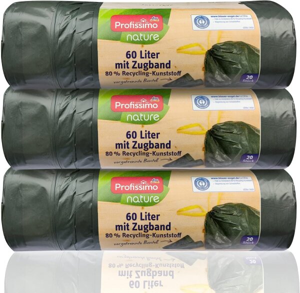 Müllbeutel mit Zugband | 60 Liter | 18µ | 64 x 71 cm | grün | 20 Stück