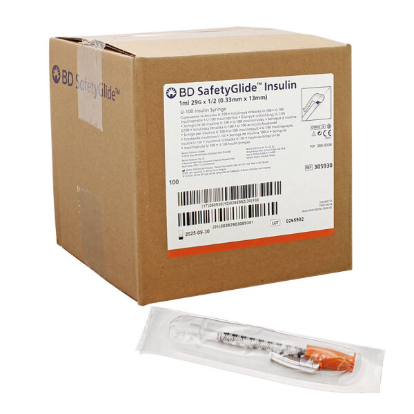 BD SafetyGlide Insulinspritzen 1 ml mit Kanüle 0,33 x 12,7 mm (100 Stck.) U-100
