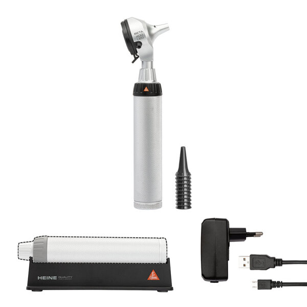 BETA 400 F.O. Otoskop-Kit LED mit BETA4 USB Ladegriff mit USB Kabel, Steckernetzteil und 10 AllSpec Einweg-Tips 4 mm,  ohne Etui