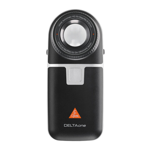 DELTAone Dermatoskop LED Standard Edition, schwarz-silber mit Kontaktscheibe mit Skala, USB Kabel mit med. zugelassenem  Steckernetzteil und Etui