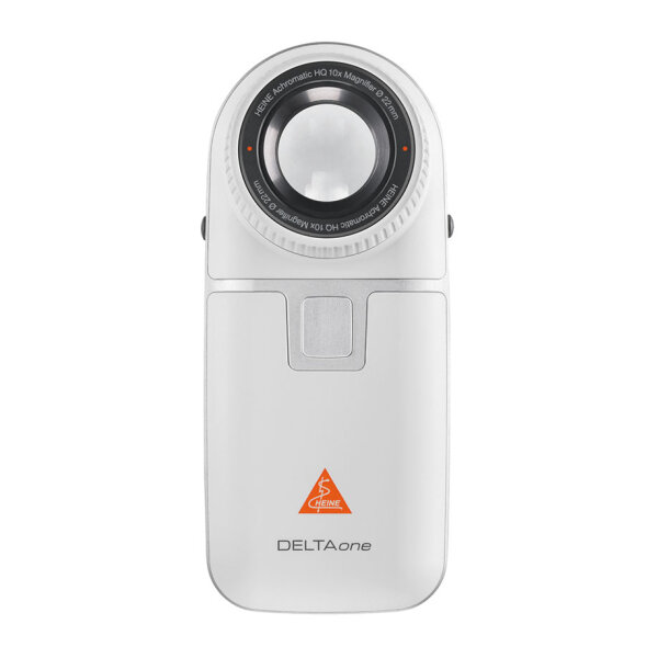 DELTAone Dermatoskop LED White Edition, weiß-silber mit Kontaktscheibe mit Skala, USB Kabel mit med. zugelassenem  Steckernetzteil und Etui